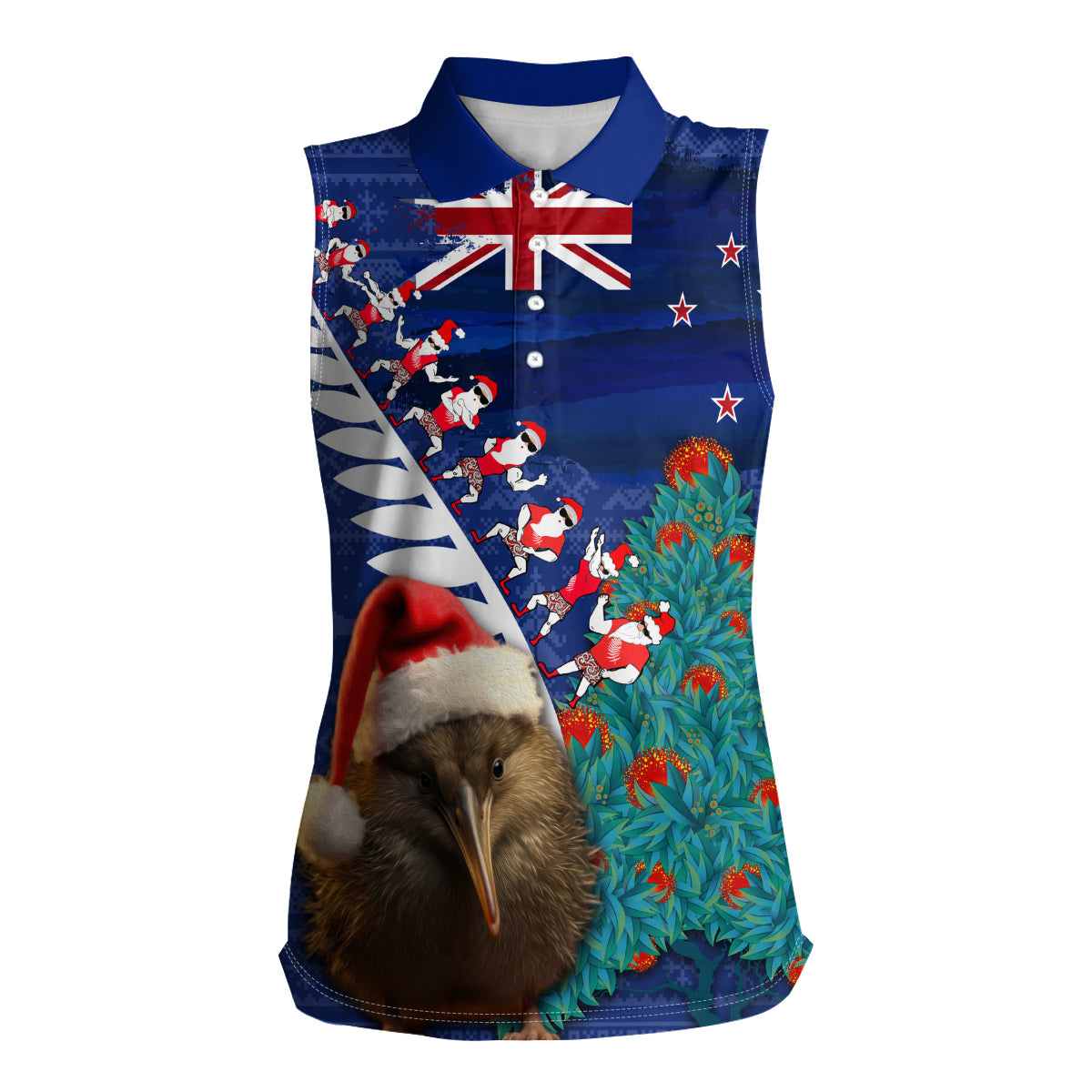 New Zealand Christmas Women Sleeveless Polo Shirt Kiwi Bird Santa and Silver Fern Funny Haka Dance