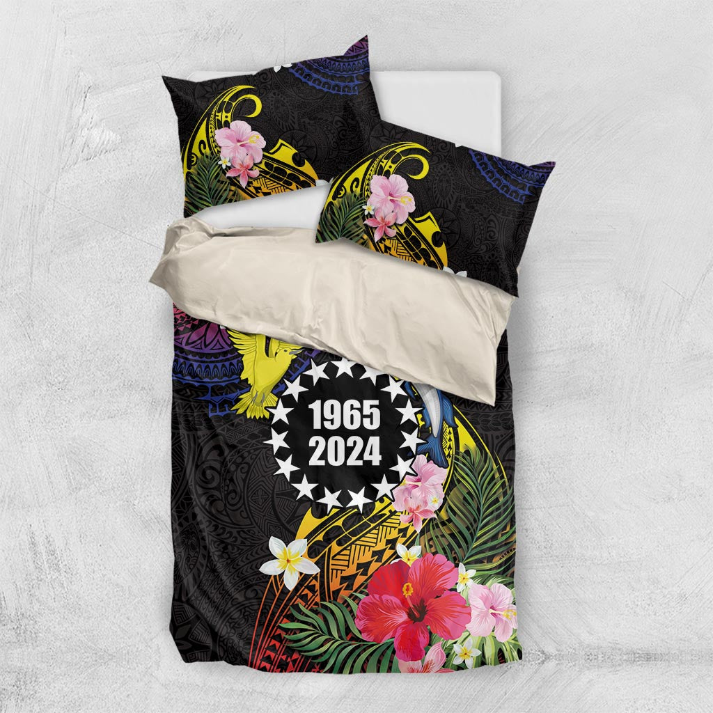 Cook Islands Independence Day Bedding Set Maroro and Kakaia with Hibiscus Flower Polynesian Pattern