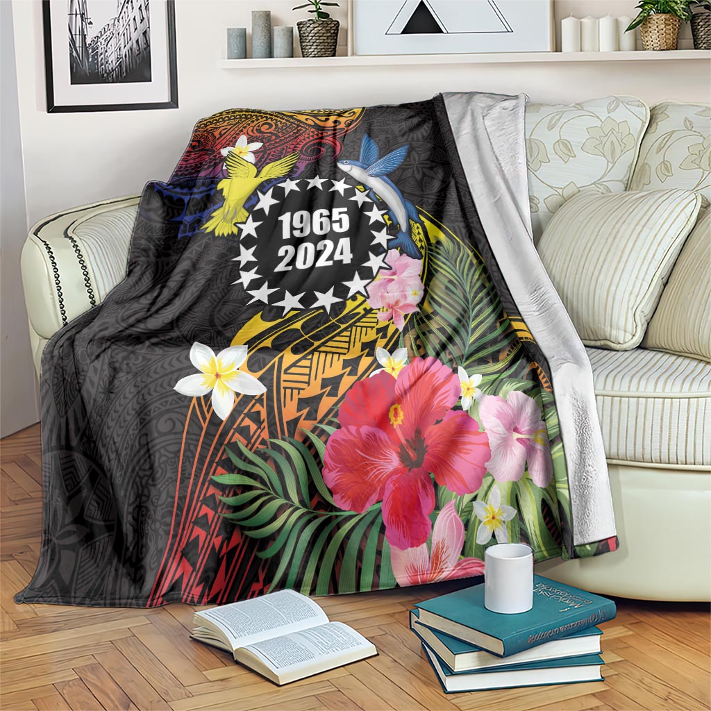 Cook Islands Independence Day Blanket Maroro and Kakaia with Hibiscus Flower Polynesian Pattern LT03 Black - Polynesian Pride