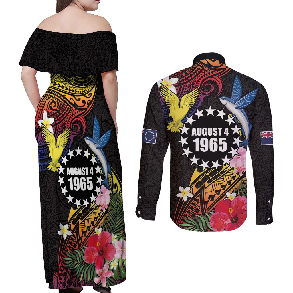 Cook Islands Independence Day Couples Matching Off Shoulder Maxi Dress and Long Sleeve Button Shirt Maroro and Kakaia with Hibiscus Flower Polynesian Pattern