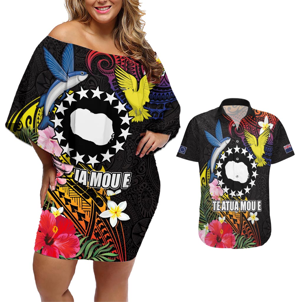 Cook Islands Independence Day Couples Matching Off Shoulder Short Dress and Hawaiian Shirt Maroro and Kakaia with Hibiscus Flower Polynesian Pattern