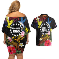 Cook Islands Independence Day Couples Matching Off Shoulder Short Dress and Hawaiian Shirt Maroro and Kakaia with Hibiscus Flower Polynesian Pattern