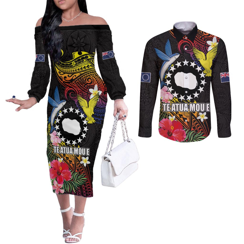 Cook Islands Independence Day Couples Matching Off The Shoulder Long Sleeve Dress and Long Sleeve Button Shirt Maroro and Kakaia with Hibiscus Flower Polynesian Pattern