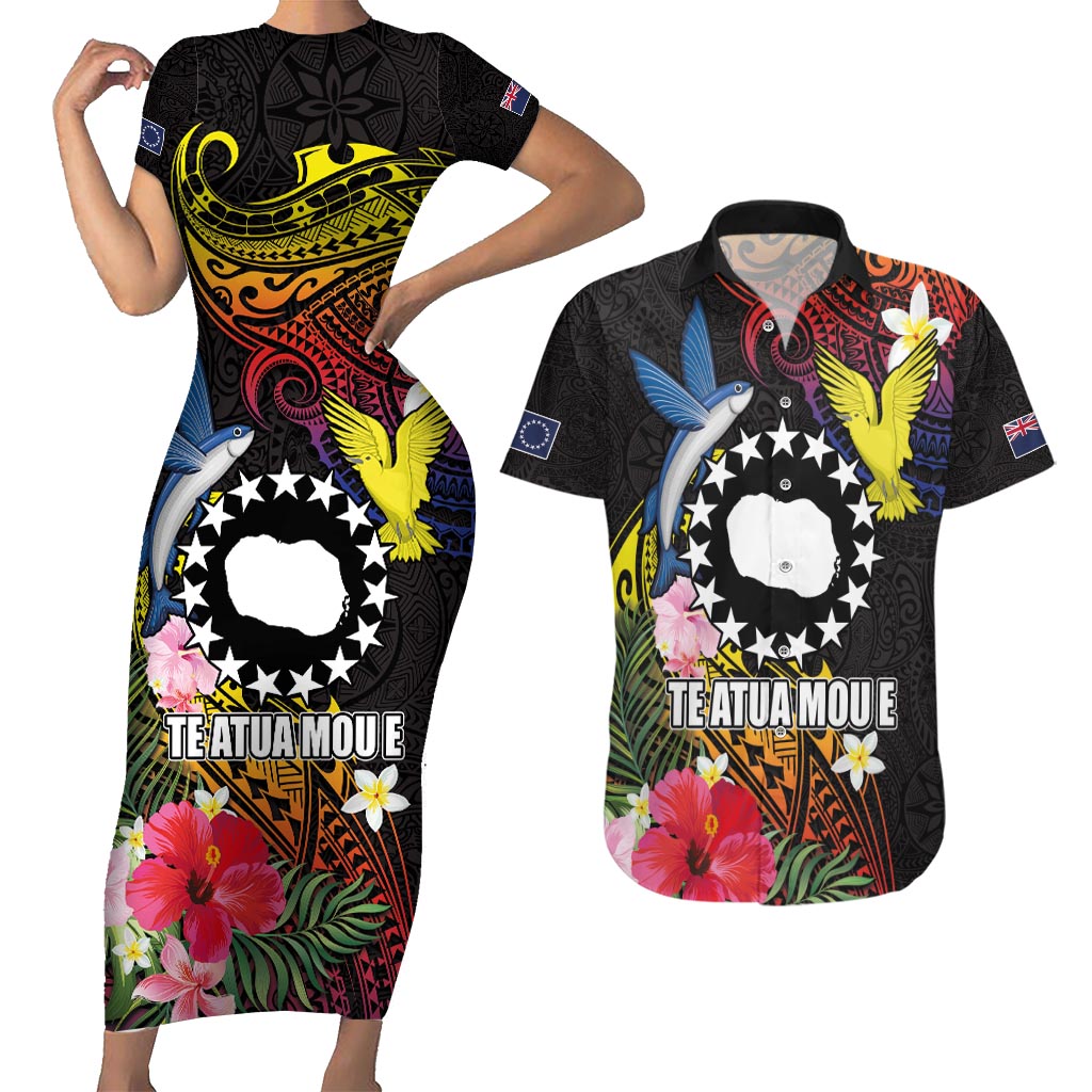 Cook Islands Independence Day Couples Matching Short Sleeve Bodycon Dress and Hawaiian Shirt Maroro and Kakaia with Hibiscus Flower Polynesian Pattern