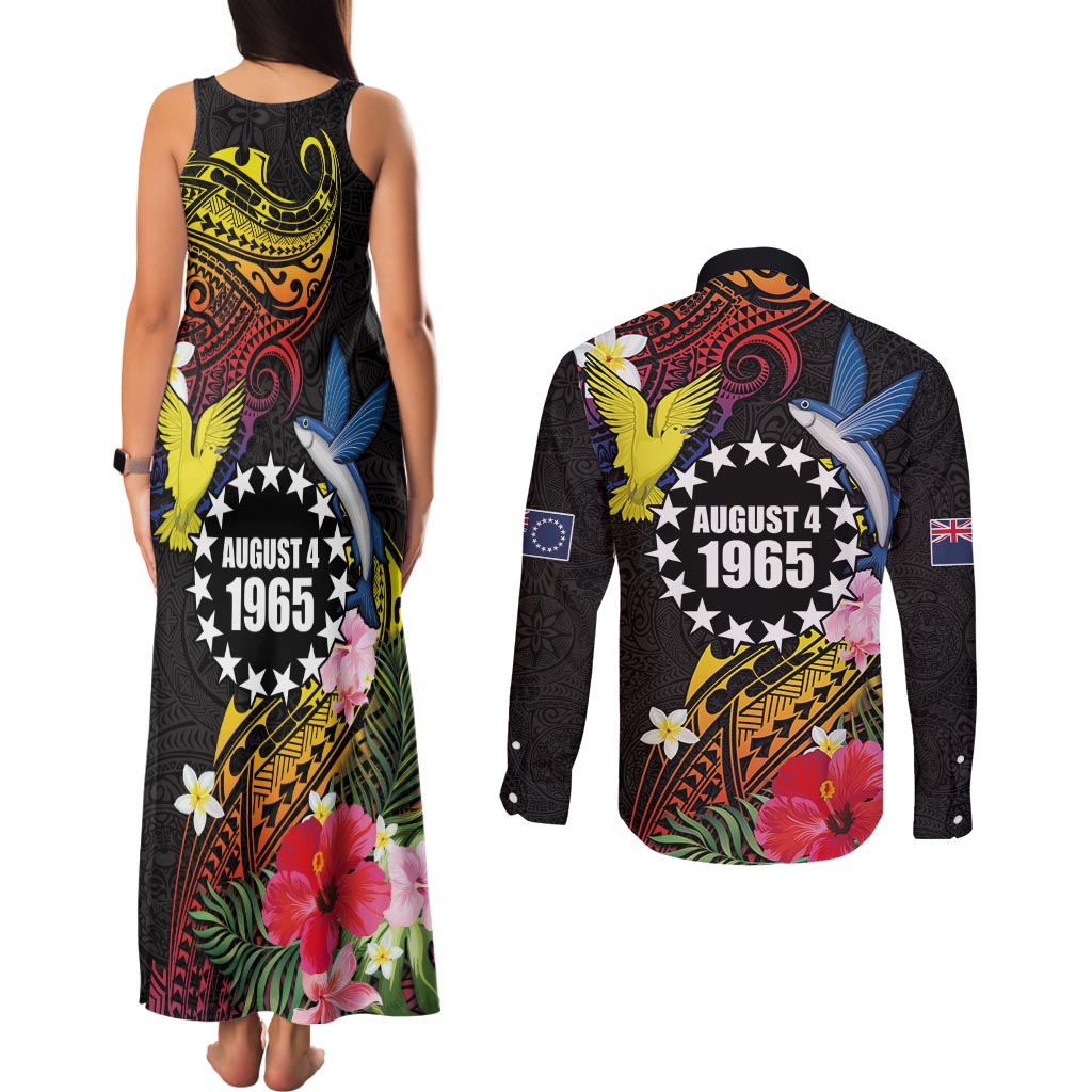 Cook Islands Independence Day Couples Matching Tank Maxi Dress and Long Sleeve Button Shirt Maroro and Kakaia with Hibiscus Flower Polynesian Pattern