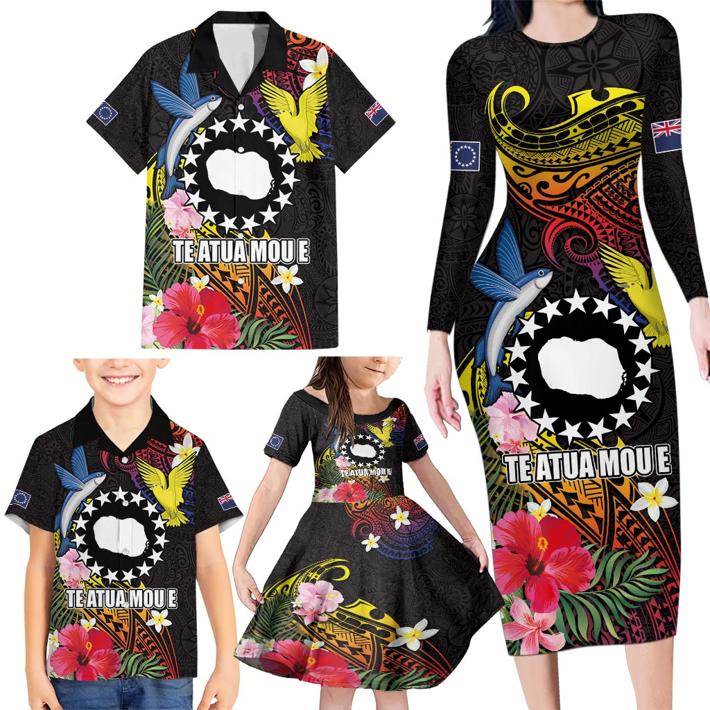 Cook Islands Independence Day Family Matching Long Sleeve Bodycon Dress and Hawaiian Shirt Maroro and Kakaia with Hibiscus Flower Polynesian Pattern