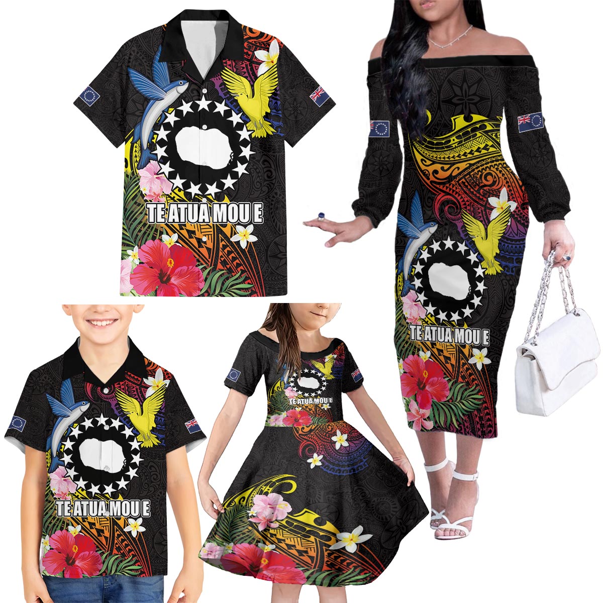 Cook Islands Independence Day Family Matching Off The Shoulder Long Sleeve Dress and Hawaiian Shirt Maroro and Kakaia with Hibiscus Flower Polynesian Pattern