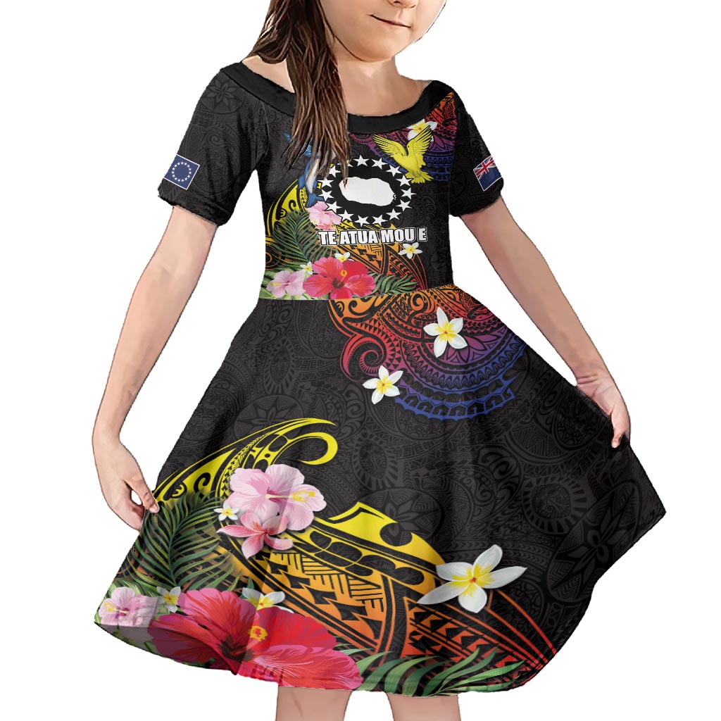 Cook Islands Independence Day Family Matching Short Sleeve Bodycon Dress and Hawaiian Shirt Maroro and Kakaia with Hibiscus Flower Polynesian Pattern LT03 Daughter's Dress Black - Polynesian Pride