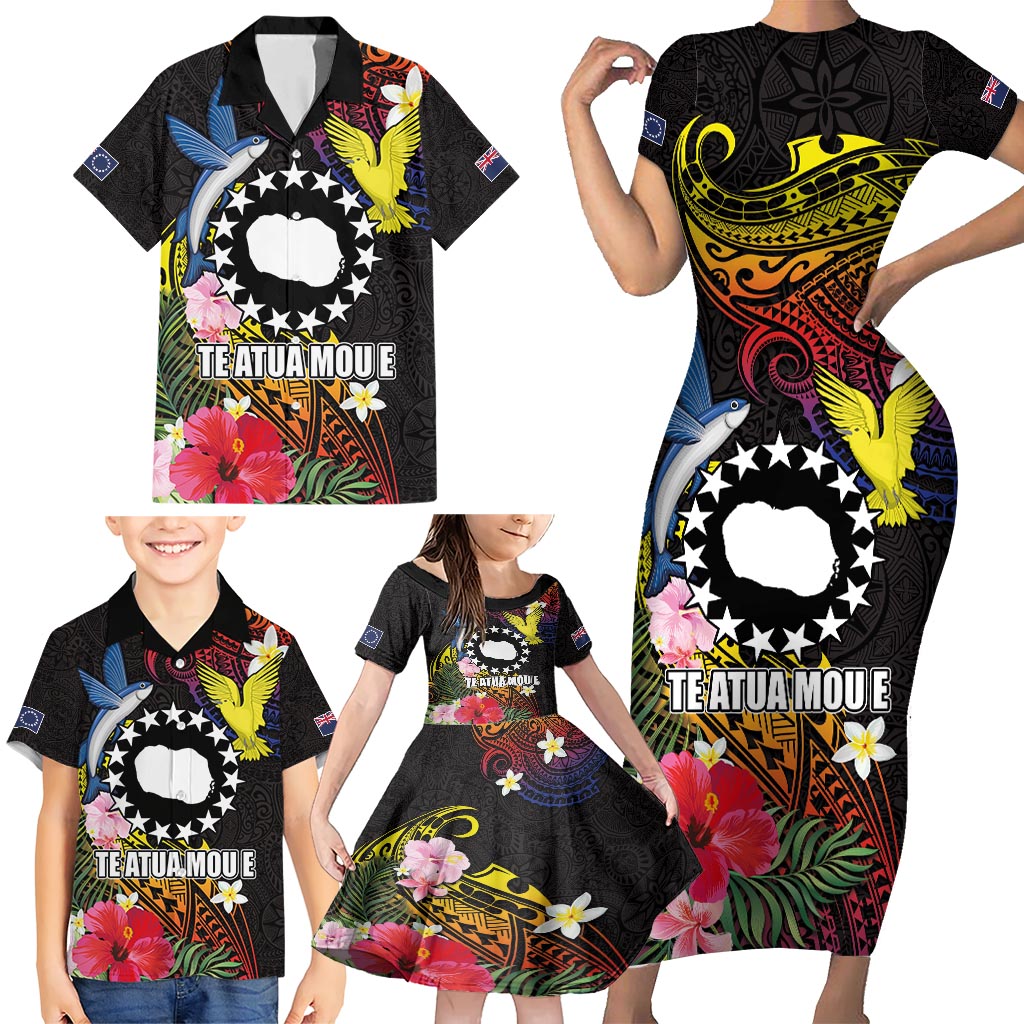 Cook Islands Independence Day Family Matching Short Sleeve Bodycon Dress and Hawaiian Shirt Maroro and Kakaia with Hibiscus Flower Polynesian Pattern LT03 - Polynesian Pride