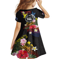 Cook Islands Independence Day Kid Short Sleeve Dress Maroro and Kakaia with Hibiscus Flower Polynesian Pattern