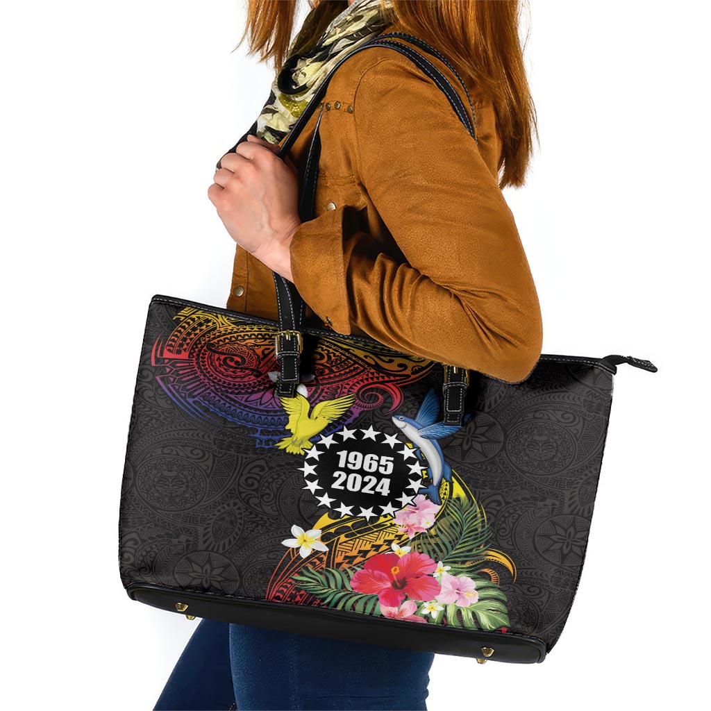 Cook Islands Independence Day Leather Tote Bag Maroro and Kakaia with Hibiscus Flower Polynesian Pattern LT03 Black - Polynesian Pride