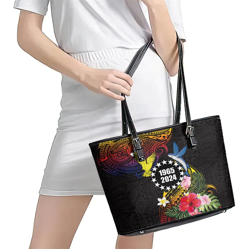 Cook Islands Independence Day Leather Tote Bag Maroro and Kakaia with Hibiscus Flower Polynesian Pattern LT03 - Polynesian Pride