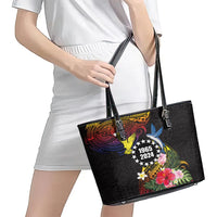 Cook Islands Independence Day Leather Tote Bag Maroro and Kakaia with Hibiscus Flower Polynesian Pattern LT03 - Polynesian Pride