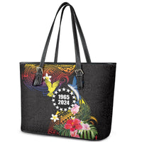 Cook Islands Independence Day Leather Tote Bag Maroro and Kakaia with Hibiscus Flower Polynesian Pattern LT03 - Polynesian Pride