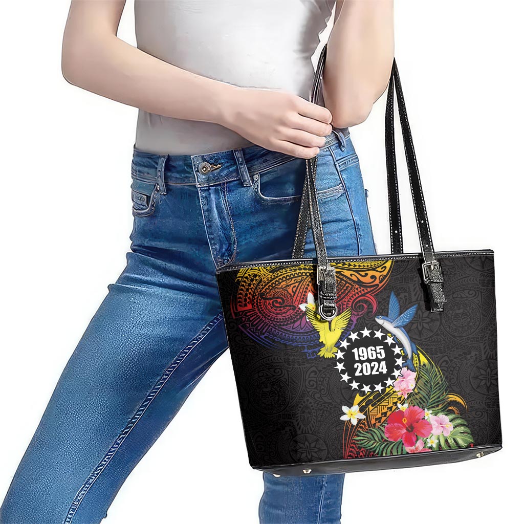 Cook Islands Independence Day Leather Tote Bag Maroro and Kakaia with Hibiscus Flower Polynesian Pattern LT03 - Polynesian Pride