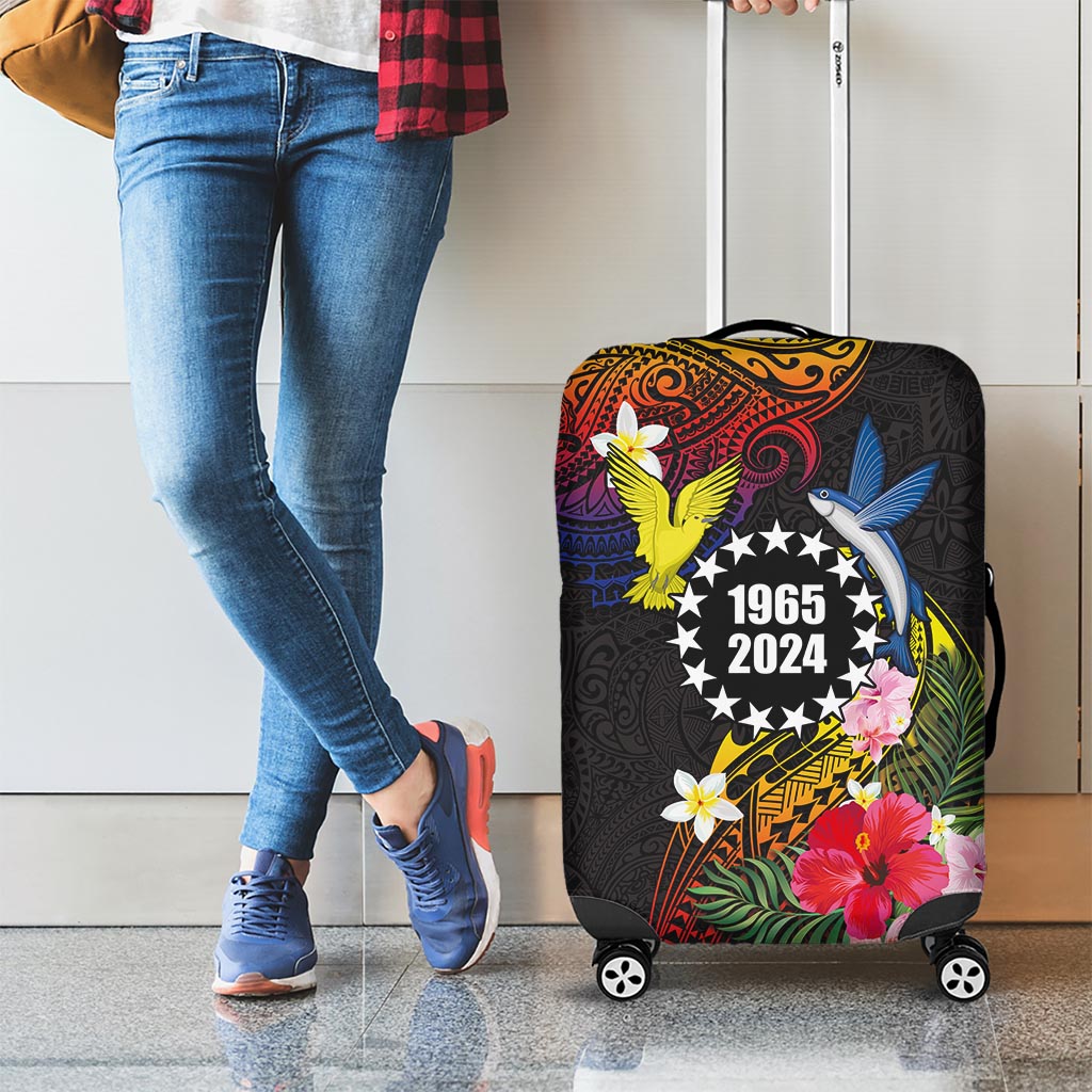 Cook Islands Independence Day Luggage Cover Maroro and Kakaia with Hibiscus Flower Polynesian Pattern