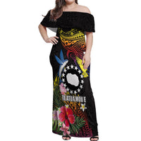 Cook Islands Independence Day Off Shoulder Maxi Dress Maroro and Kakaia with Hibiscus Flower Polynesian Pattern LT03 Women Black - Polynesian Pride