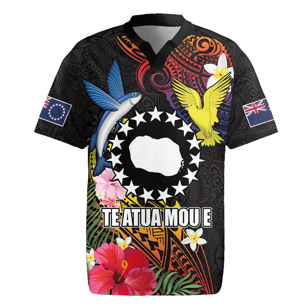 Cook Islands Independence Day Rugby Jersey Maroro and Kakaia with Hibiscus Flower Polynesian Pattern LT03 Black - Polynesian Pride