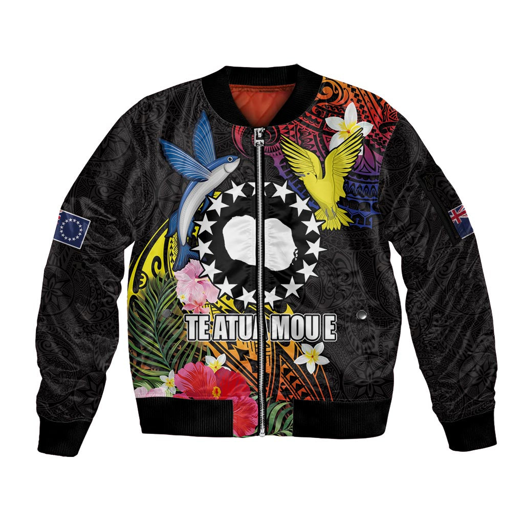 Cook Islands Independence Day Sleeve Zip Bomber Jacket Maroro and Kakaia with Hibiscus Flower Polynesian Pattern LT03 Unisex Black - Polynesian Pride