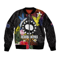 Cook Islands Independence Day Sleeve Zip Bomber Jacket Maroro and Kakaia with Hibiscus Flower Polynesian Pattern LT03 Unisex Black - Polynesian Pride