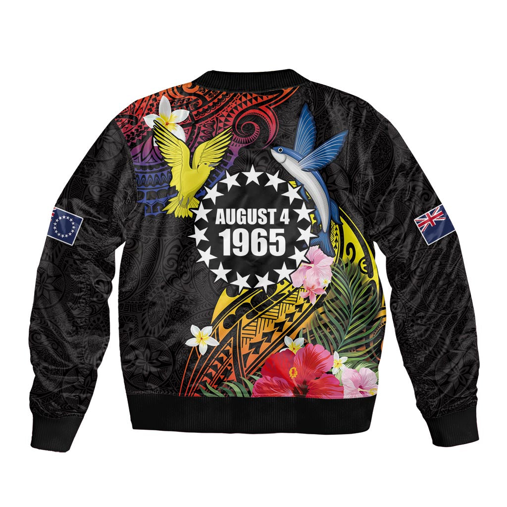 Cook Islands Independence Day Sleeve Zip Bomber Jacket Maroro and Kakaia with Hibiscus Flower Polynesian Pattern LT03 - Polynesian Pride