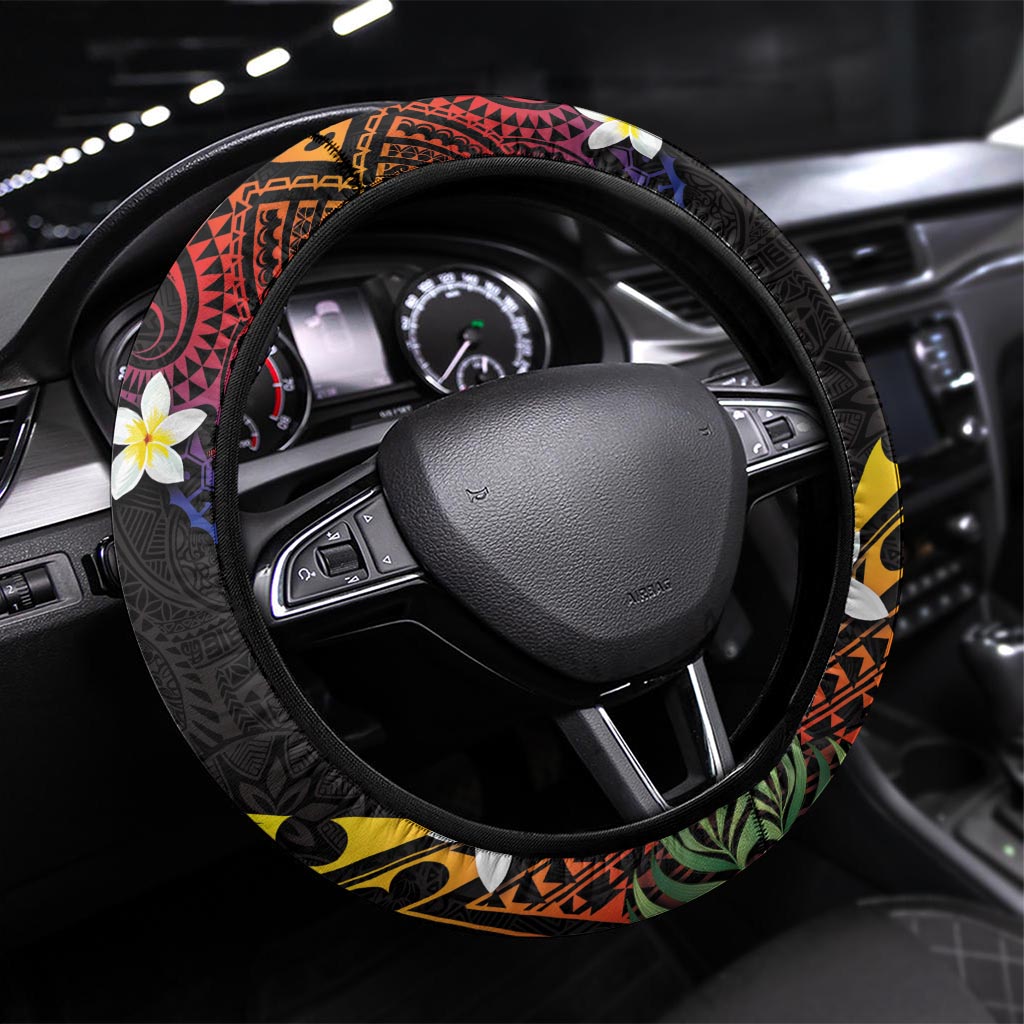Cook Islands Independence Day Steering Wheel Cover Maroro and Kakaia with Hibiscus Flower Polynesian Pattern LT03 Universal Fit Black - Polynesian Pride
