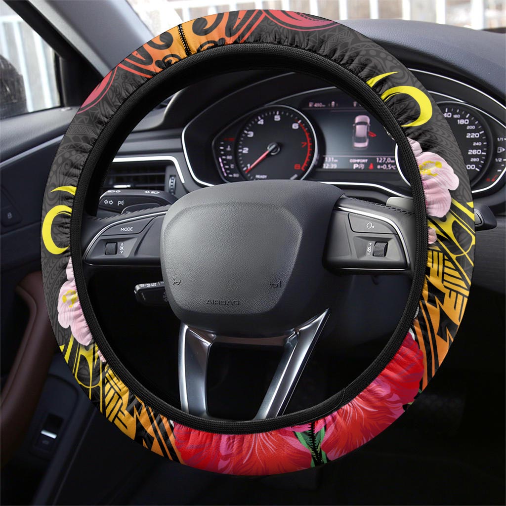 Cook Islands Independence Day Steering Wheel Cover Maroro and Kakaia with Hibiscus Flower Polynesian Pattern LT03 - Polynesian Pride