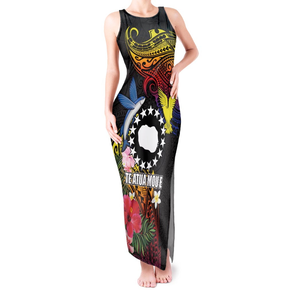 Cook Islands Independence Day Tank Maxi Dress Maroro and Kakaia with Hibiscus Flower Polynesian Pattern LT03 Women Black - Polynesian Pride