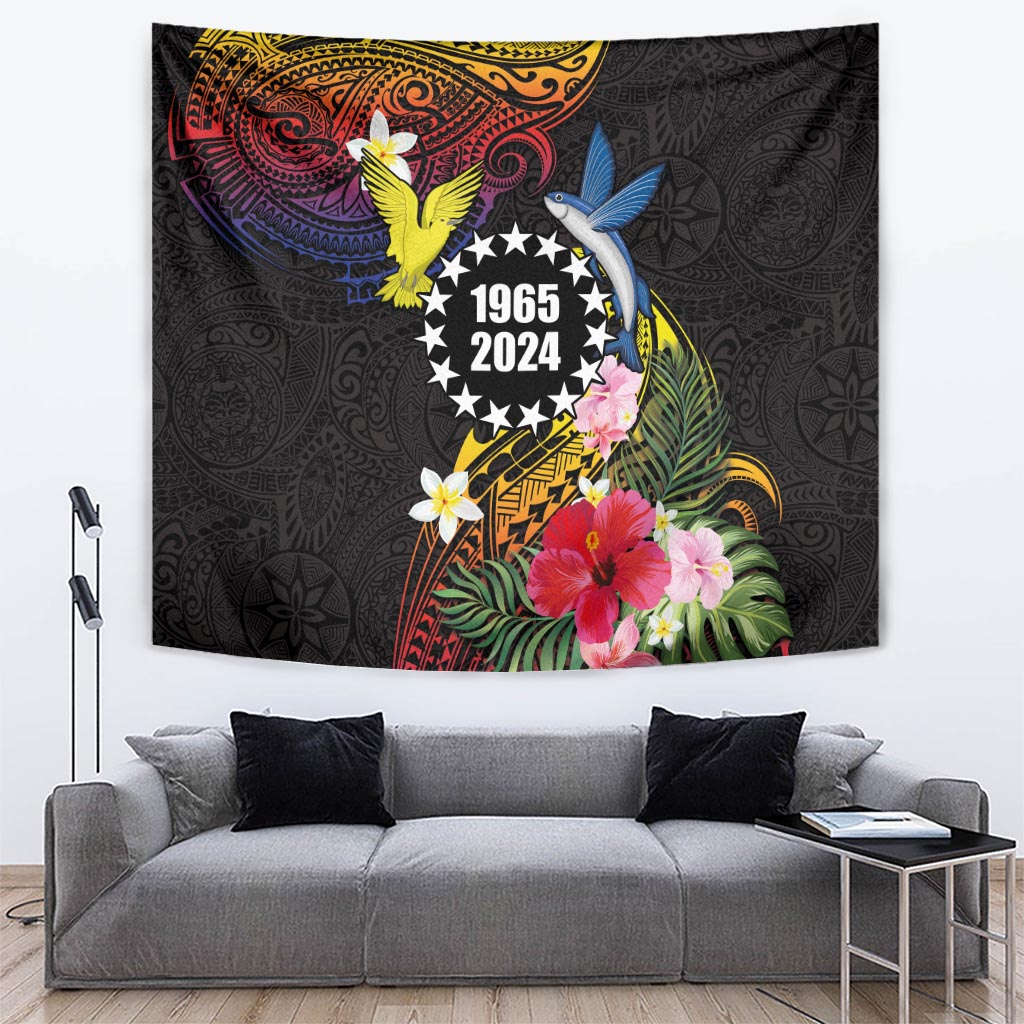 Cook Islands Independence Day Tapestry Maroro and Kakaia with Hibiscus Flower Polynesian Pattern