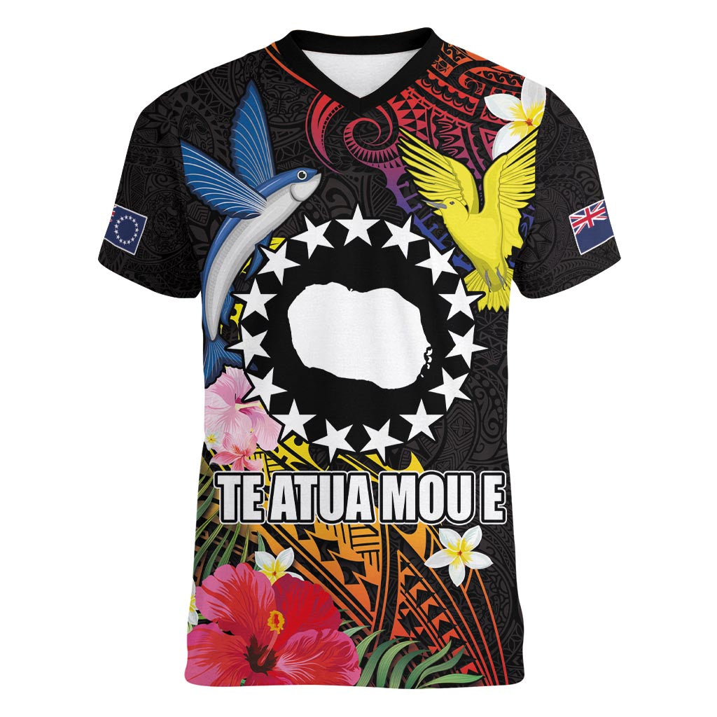 Cook Islands Independence Day Women V-Neck T-Shirt Maroro and Kakaia with Hibiscus Flower Polynesian Pattern