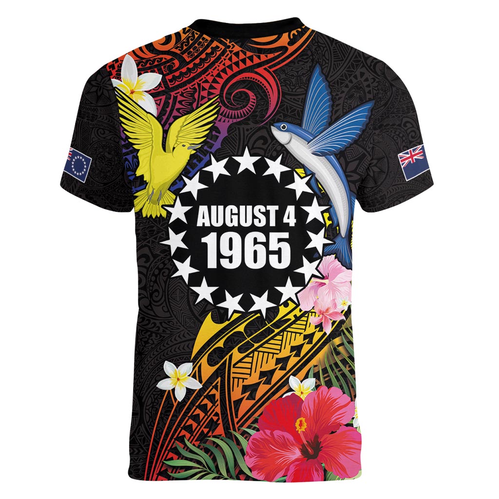 Cook Islands Independence Day Women V-Neck T-Shirt Maroro and Kakaia with Hibiscus Flower Polynesian Pattern