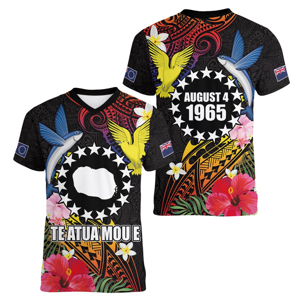 Cook Islands Independence Day Women V-Neck T-Shirt Maroro and Kakaia with Hibiscus Flower Polynesian Pattern