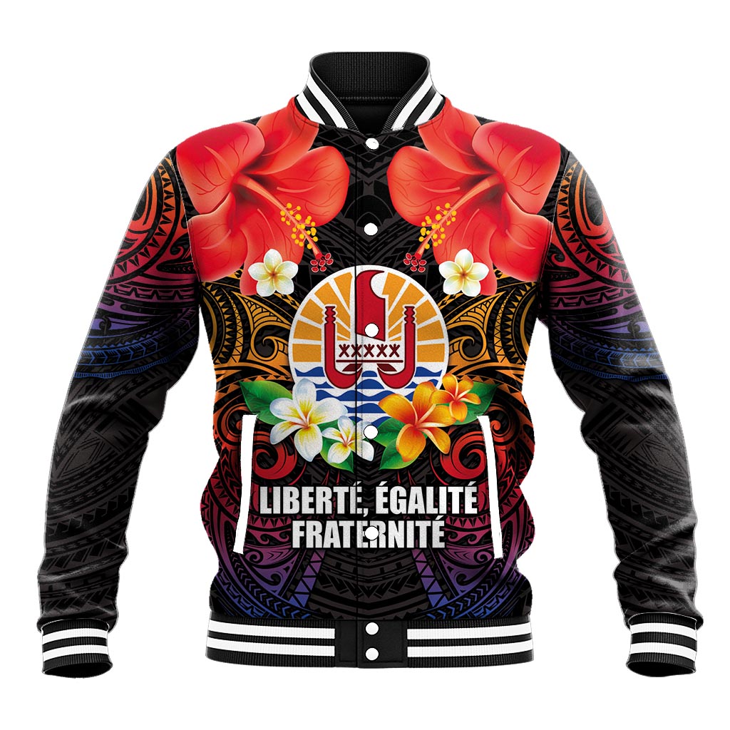 French Polynesia Bastille Day Baseball Jacket Tiare Flower and National Seal Polynesian Pattern LT03 Unisex Black - Polynesian Pride