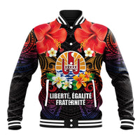 French Polynesia Bastille Day Baseball Jacket Tiare Flower and National Seal Polynesian Pattern LT03 Unisex Black - Polynesian Pride