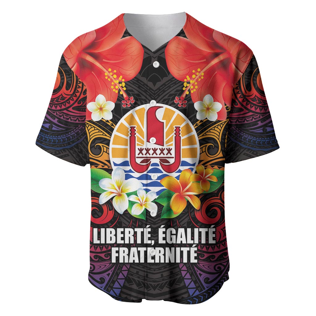 French Polynesia Bastille Day Baseball Jersey Tiare Flower and National Seal Polynesian Pattern