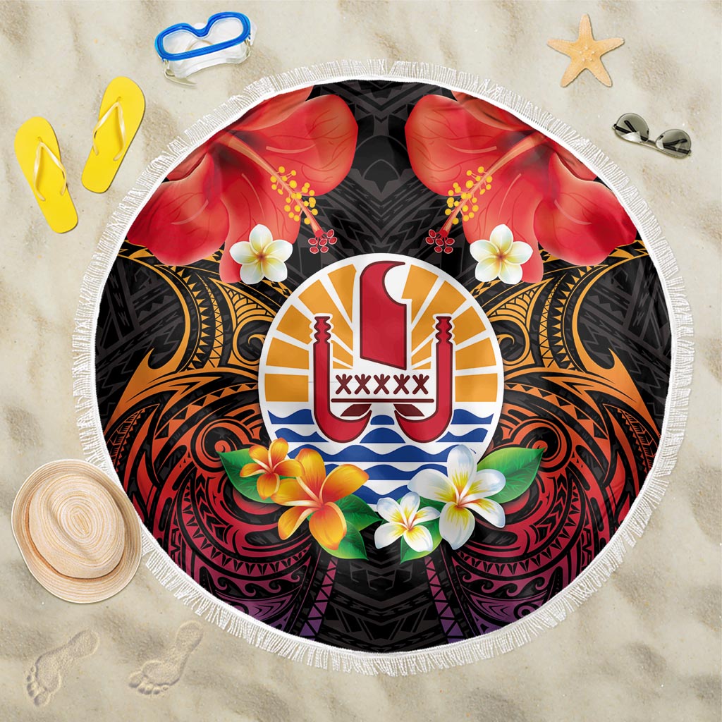 French Polynesia Bastille Day Beach Blanket Tiare Flower and National Seal Polynesian Pattern