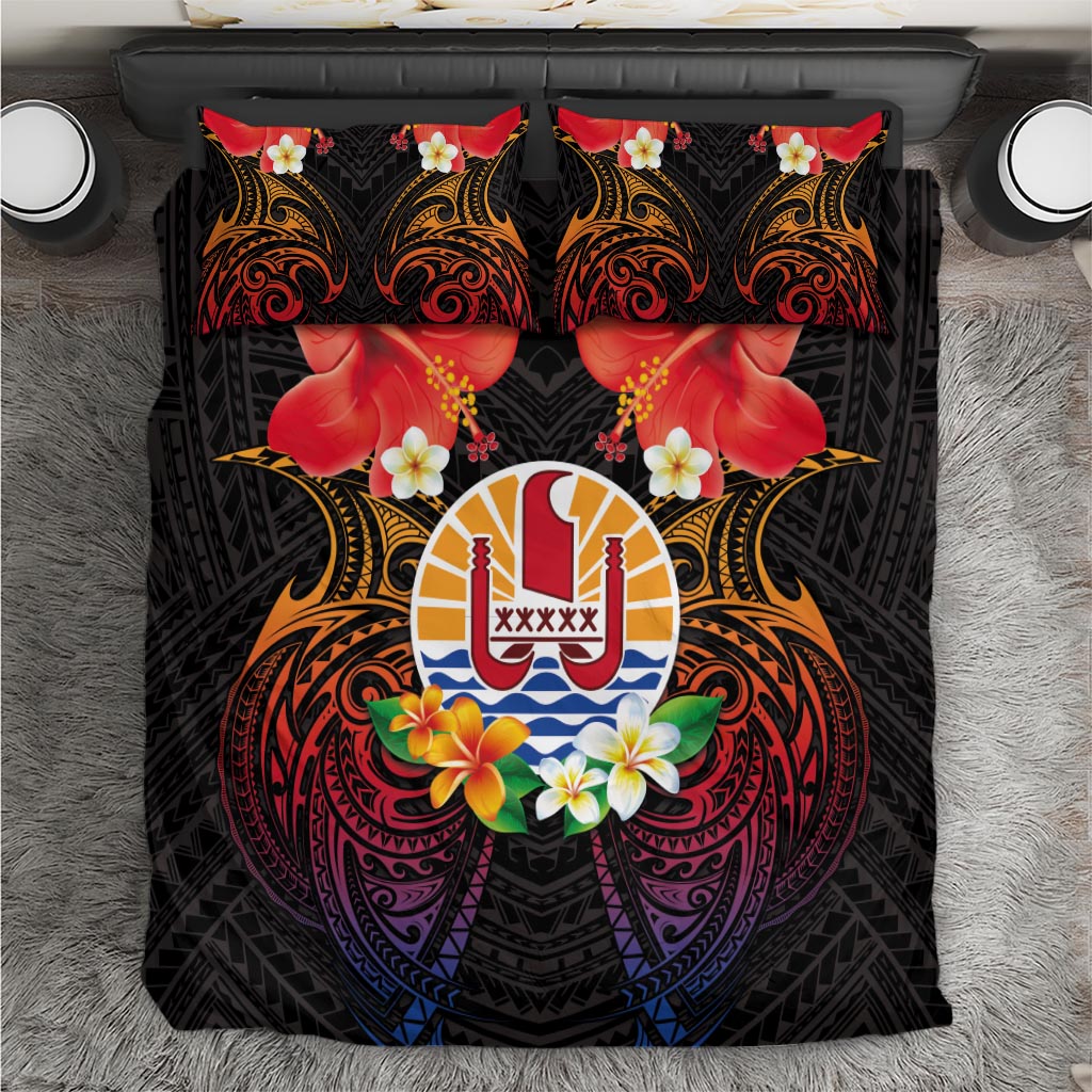French Polynesia Bastille Day Bedding Set Tiare Flower and National Seal Polynesian Pattern LT03 Black - Polynesian Pride