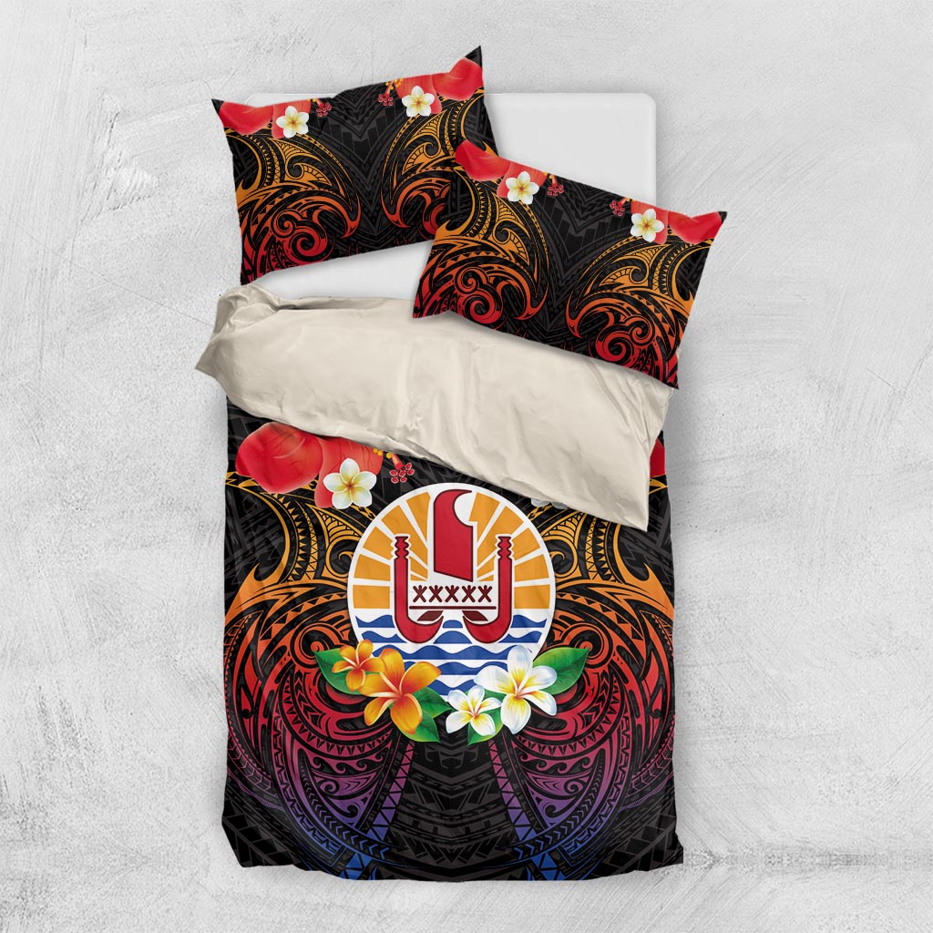 French Polynesia Bastille Day Bedding Set Tiare Flower and National Seal Polynesian Pattern LT03 US Twin 172cm x 218cm Black - Polynesian Pride
