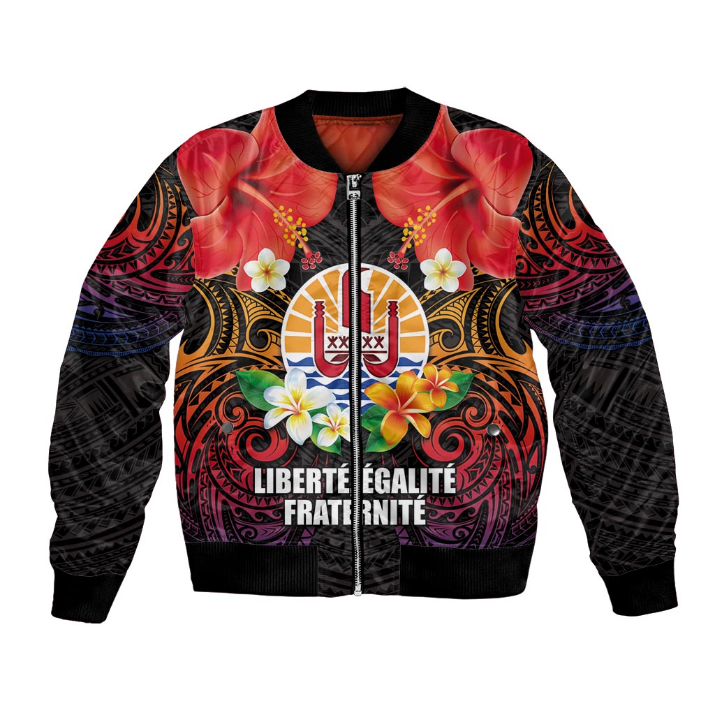 French Polynesia Bastille Day Bomber Jacket Tiare Flower and National Seal Polynesian Pattern