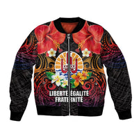 French Polynesia Bastille Day Bomber Jacket Tiare Flower and National Seal Polynesian Pattern LT03 Unisex Black - Polynesian Pride