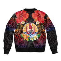French Polynesia Bastille Day Bomber Jacket Tiare Flower and National Seal Polynesian Pattern LT03 - Polynesian Pride