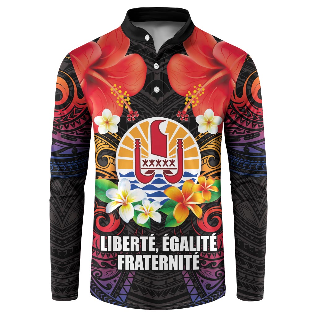 French Polynesia Bastille Day Button Sweatshirt Tiare Flower and National Seal Polynesian Pattern LT03 Black - Polynesian Pride
