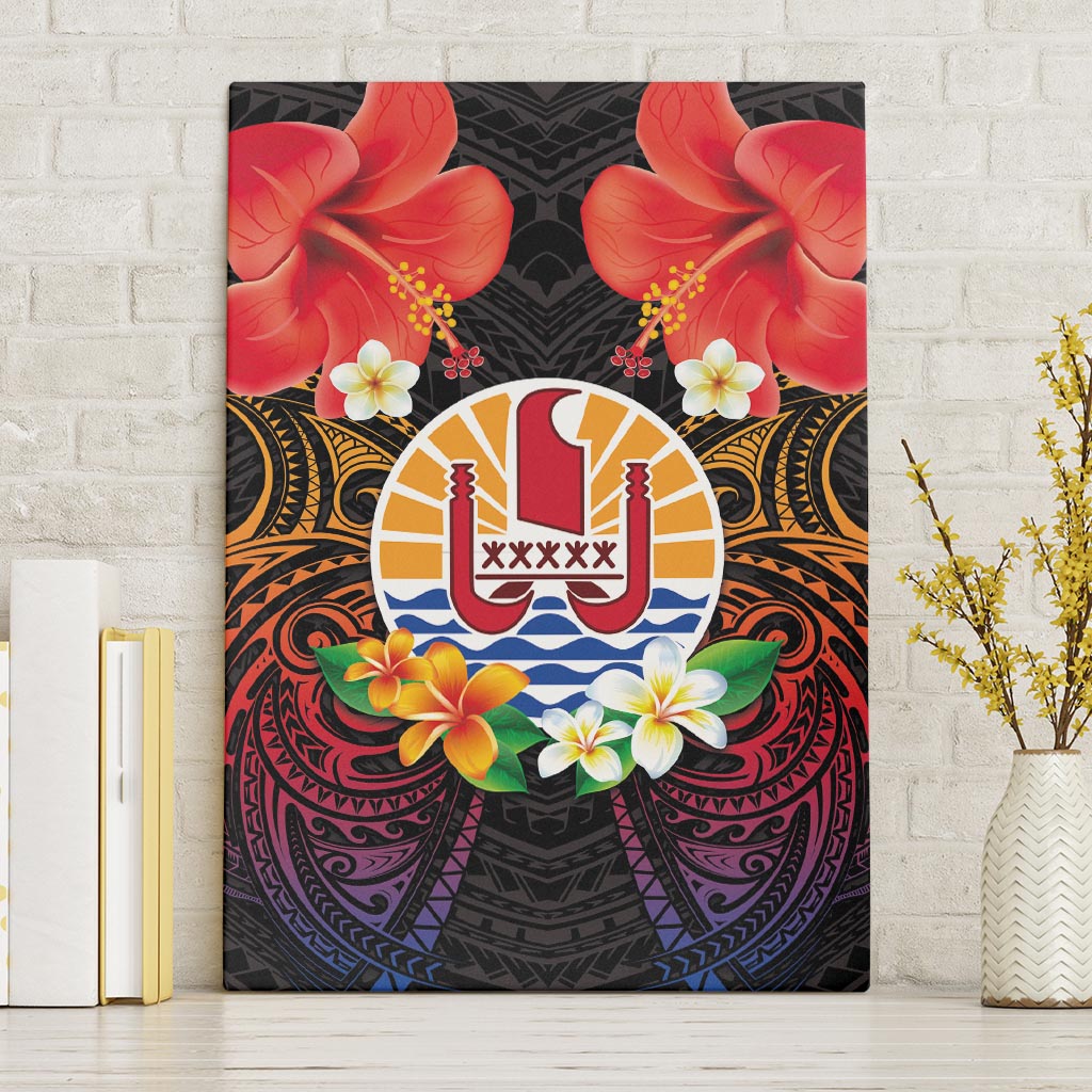 French Polynesia Bastille Day Canvas Wall Art Tiare Flower and National Seal Polynesian Pattern LT03 Without Frame Black - Polynesian Pride