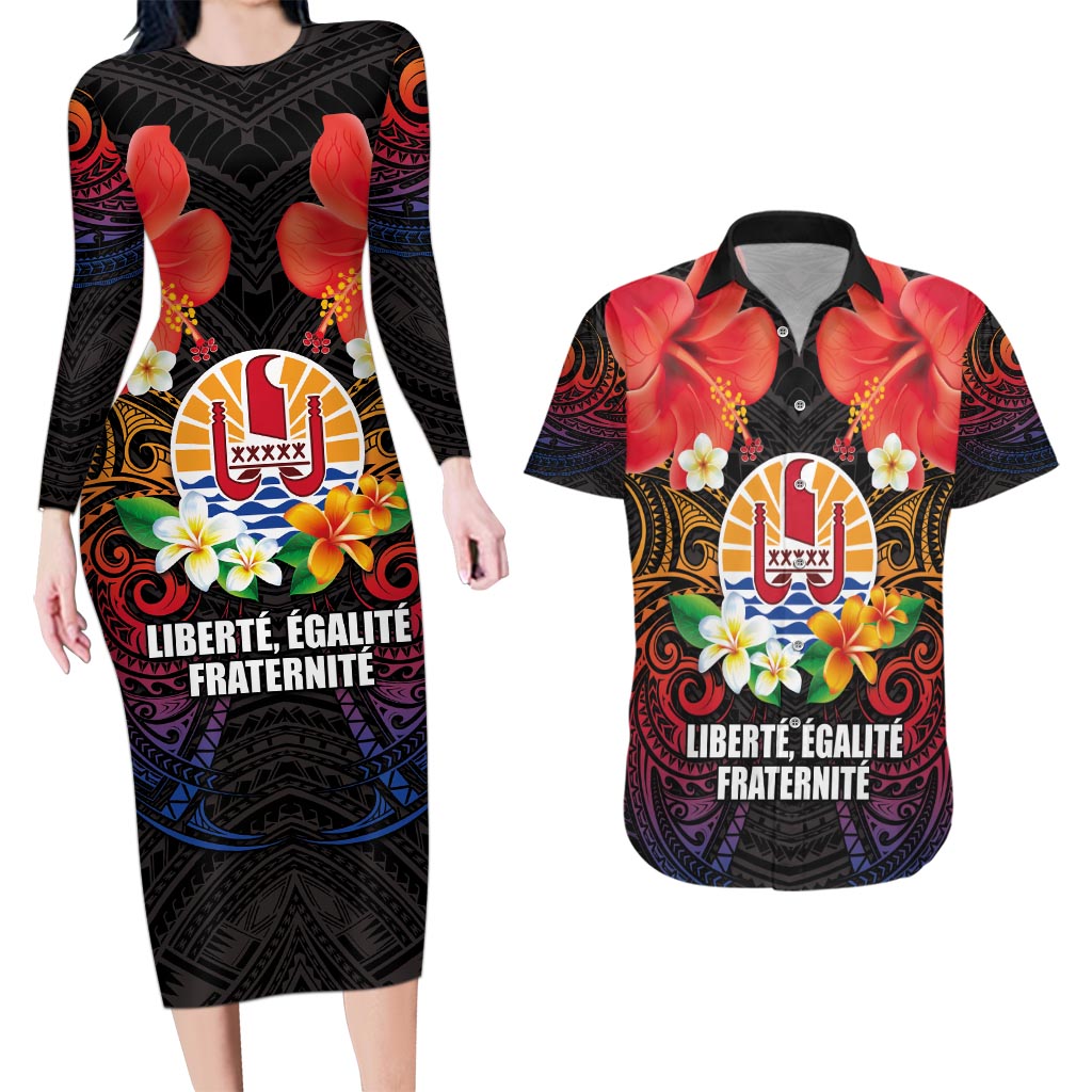 French Polynesia Bastille Day Couples Matching Long Sleeve Bodycon Dress and Hawaiian Shirt Tiare Flower and National Seal Polynesian Pattern