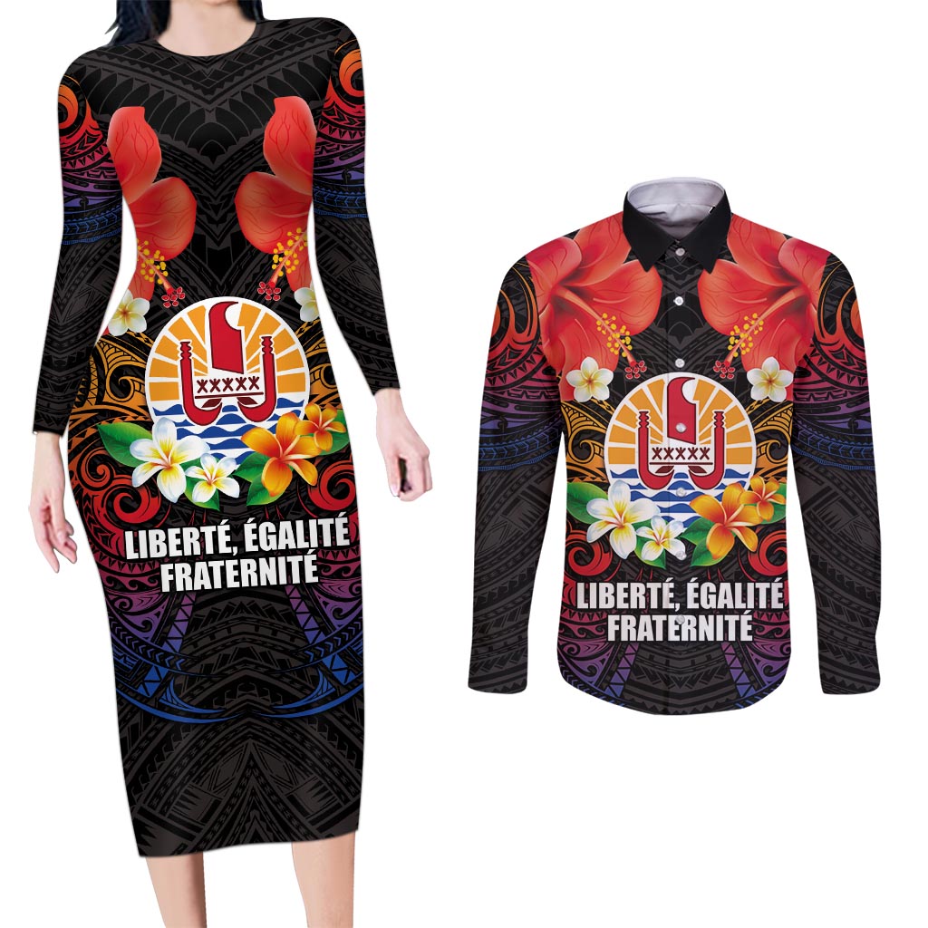 French Polynesia Bastille Day Couples Matching Long Sleeve Bodycon Dress and Long Sleeve Button Shirt Tiare Flower and National Seal Polynesian Pattern