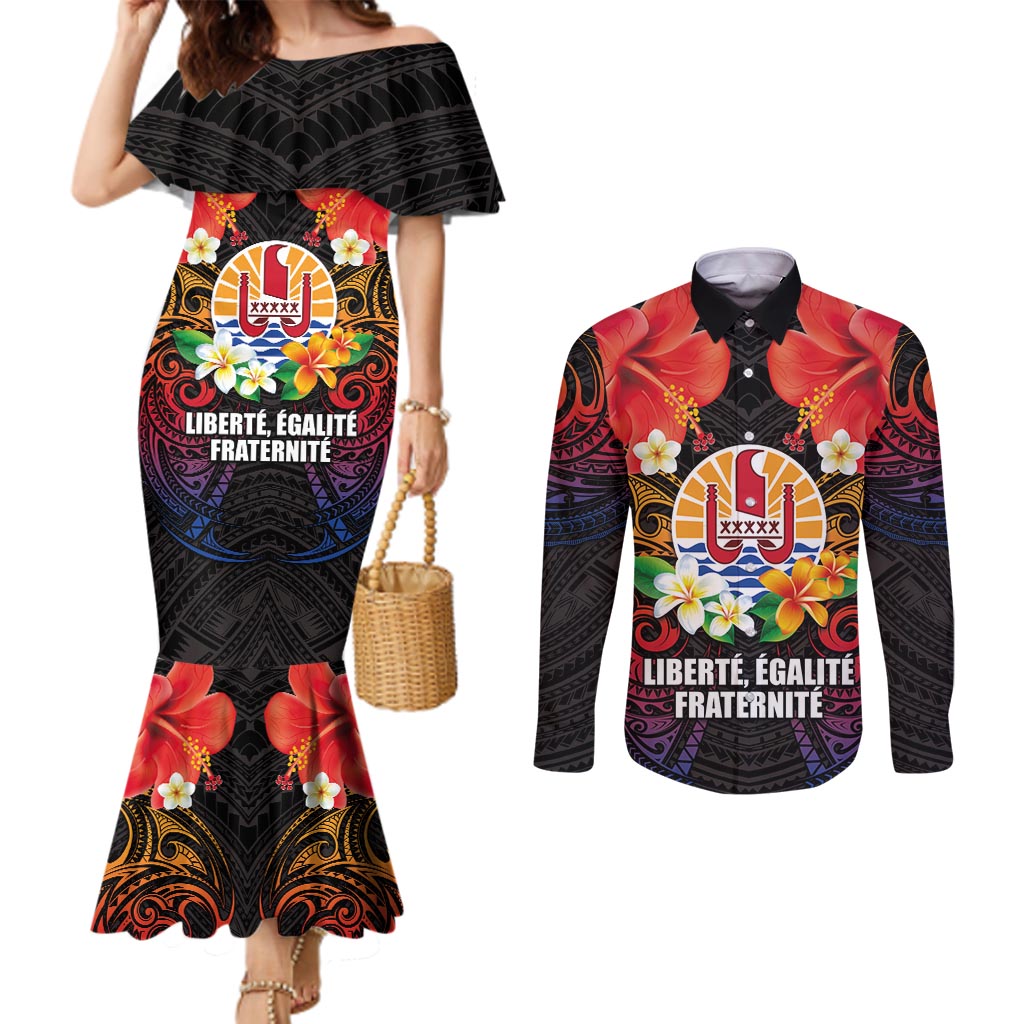 French Polynesia Bastille Day Couples Matching Mermaid Dress and Long Sleeve Button Shirt Tiare Flower and National Seal Polynesian Pattern