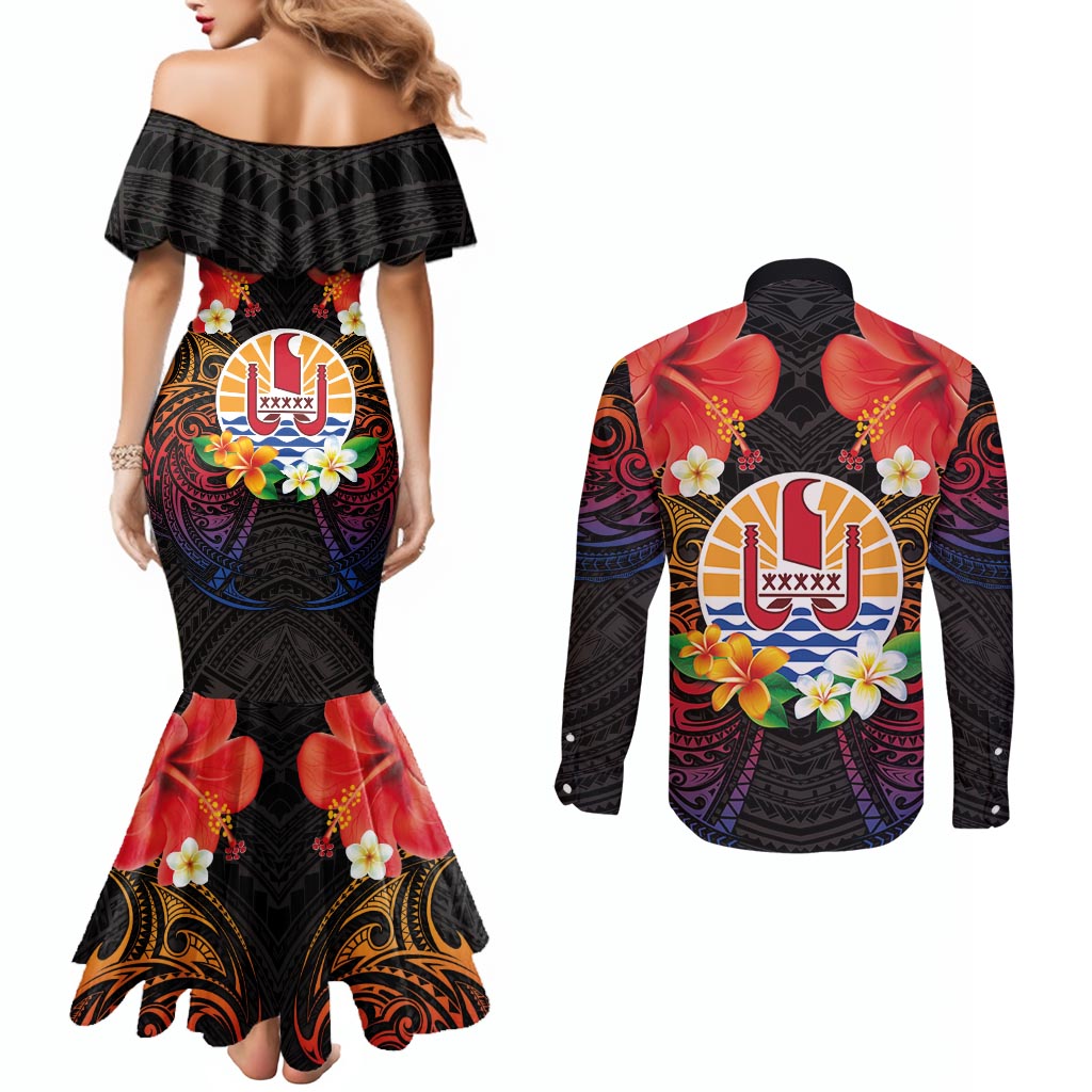 French Polynesia Bastille Day Couples Matching Mermaid Dress and Long Sleeve Button Shirt Tiare Flower and National Seal Polynesian Pattern
