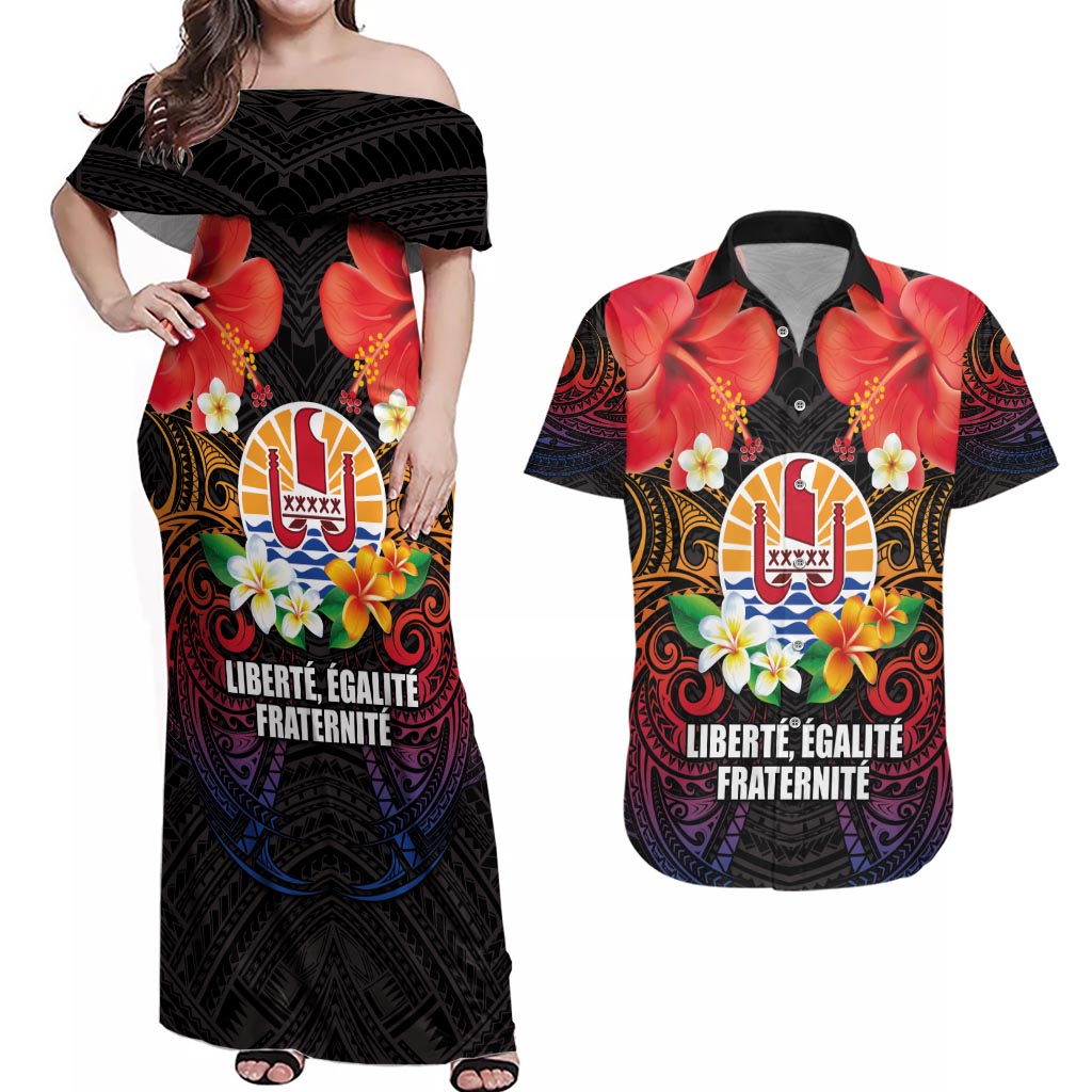 French Polynesia Bastille Day Couples Matching Off Shoulder Maxi Dress and Hawaiian Shirt Tiare Flower and National Seal Polynesian Pattern