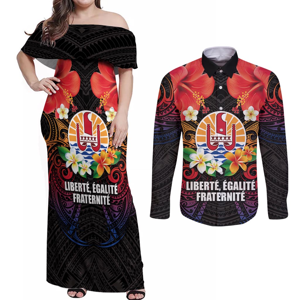 French Polynesia Bastille Day Couples Matching Off Shoulder Maxi Dress and Long Sleeve Button Shirt Tiare Flower and National Seal Polynesian Pattern