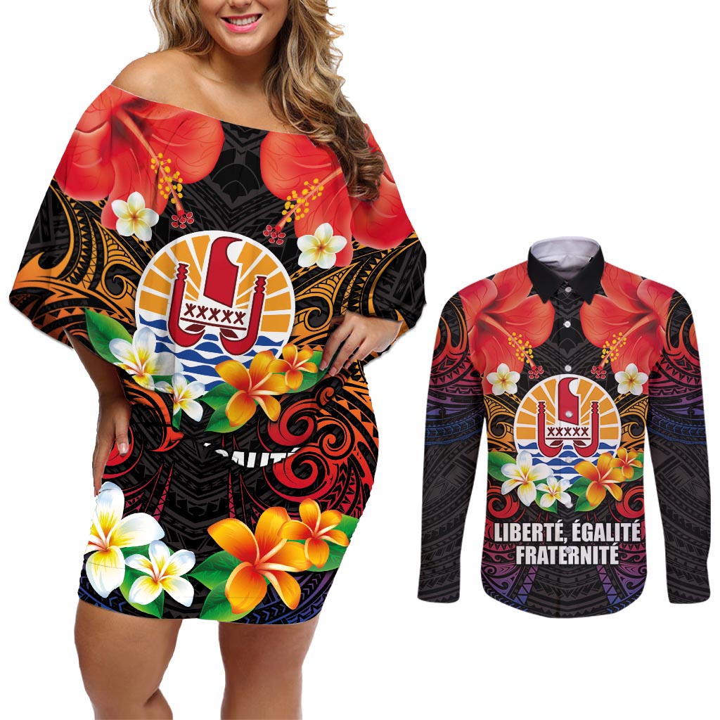 French Polynesia Bastille Day Couples Matching Off Shoulder Short Dress and Long Sleeve Button Shirt Tiare Flower and National Seal Polynesian Pattern